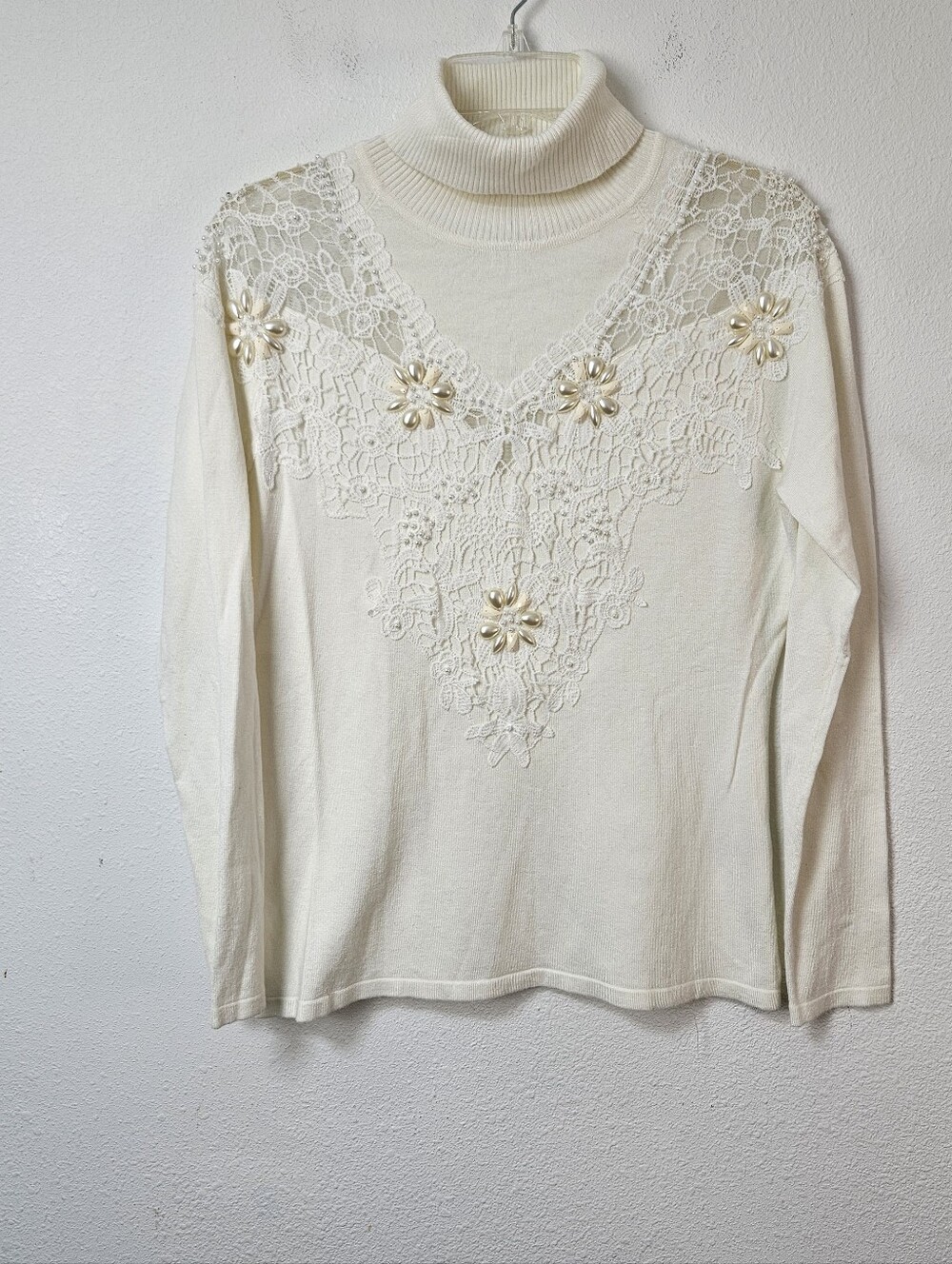 Boston Proper Turtleneck embroidered pearls Jewels Sweater Top M NWOT Cream
